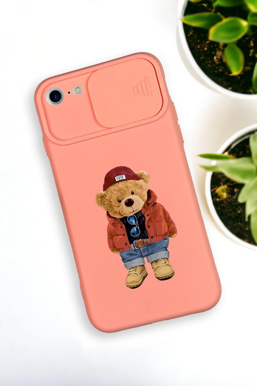 İphone 6 Plus Uyumlu Teddy Bear Desenli Kamera Koruma Slider Kapaklı Silikonlu Telefon Kılıfı