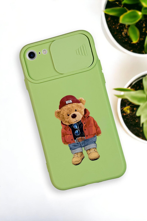 İphone 6 Plus Uyumlu Teddy Bear Desenli Kamera Koruma Slider Kapaklı Silikonlu Telefon Kılıfı