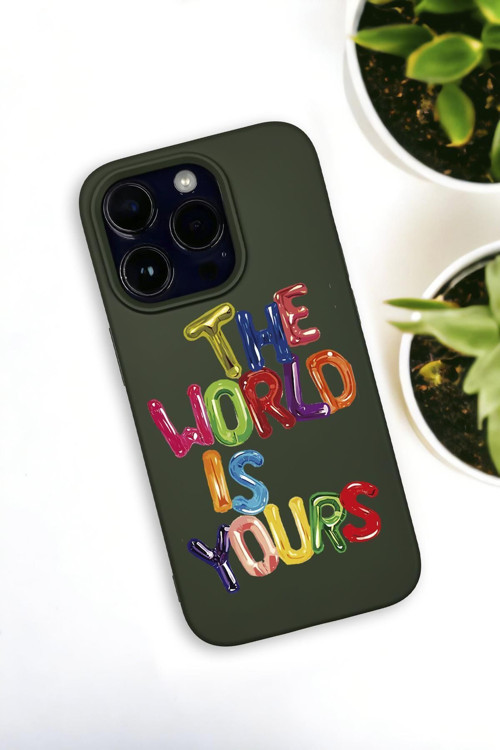 İphone 14 Pro Uyumlu The World Desenli Premium Silikonlu Haki Lansman Telefon Kılıfı