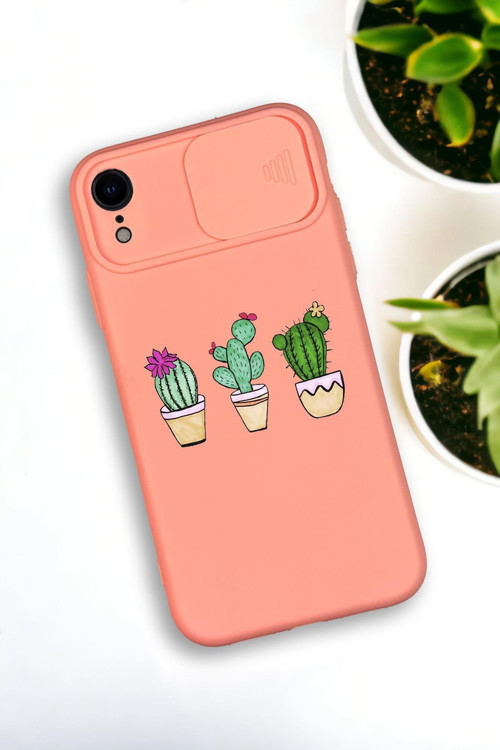 İphone Xr Uyumlu Üçlü Kaktüs Desenli Kamera Koruma Slider Kapaklı Silikonlu Telefon Kılıfı