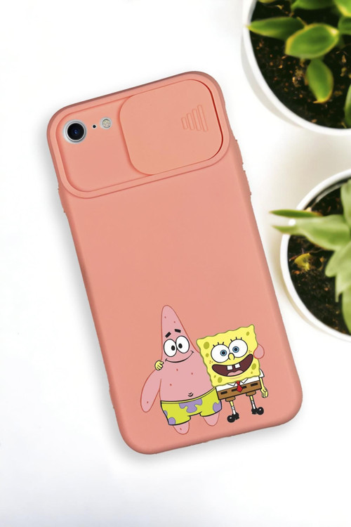 İphone 8 Uyumlu Sünger Bob Ve Patrick Star Desenli Kamera Koruma Slider Kapaklı Silikonlu Telefon Kı