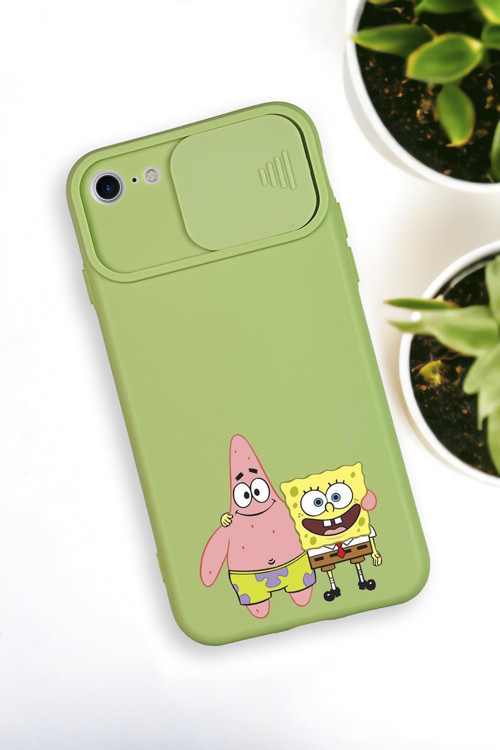 İphone 8 Uyumlu Sünger Bob Ve Patrick Star Desenli Kamera Koruma Slider Kapaklı Silikonlu Telefon Kı