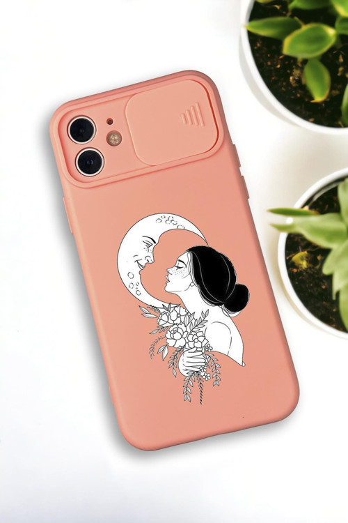 İphone 12 Uyumlu Moon And Women Desenli Kamera Koruma Slider Kapaklı Silikonlu Telefon Kılıfı