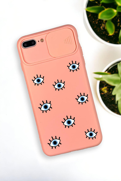 İphone 8 Plus Uyumlu Nazar Gözler Desenli Kamera Koruma Slider Kapaklı Silikonlu Telefon Kılıfı