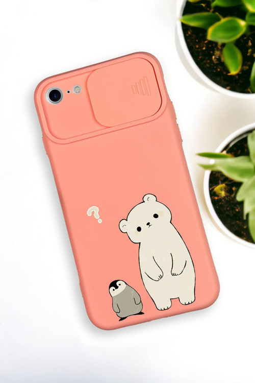İphone 6 Plus Uyumlu Penguen Ve Ayıcık Desenli Kamera Koruma Slider Kapaklı Silikonlu Telefon Kılıfı