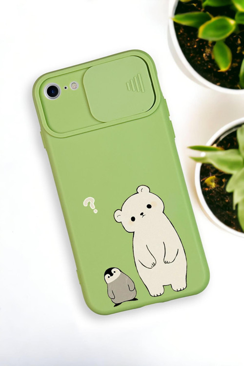 İphone 6 Plus Uyumlu Penguen Ve Ayıcık Desenli Kamera Koruma Slider Kapaklı Silikonlu Telefon Kılıfı