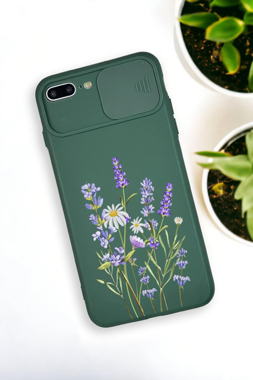 İphone 8 Plus Uyumlu Lavender Desenli Kamera Koruma Slider Kapaklı Silikonlu Telefon Kılıfı