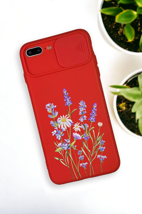 İphone 8 Plus Uyumlu Lavender Desenli Kamera Koruma Slider Kapaklı Silikonlu Telefon Kılıfı