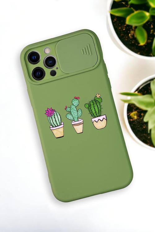 İphone 12 Pro Uyumlu Üçlü Kaktüs Desenli Kamera Koruma Slider Kapaklı Silikonlu Telefon Kılıfı