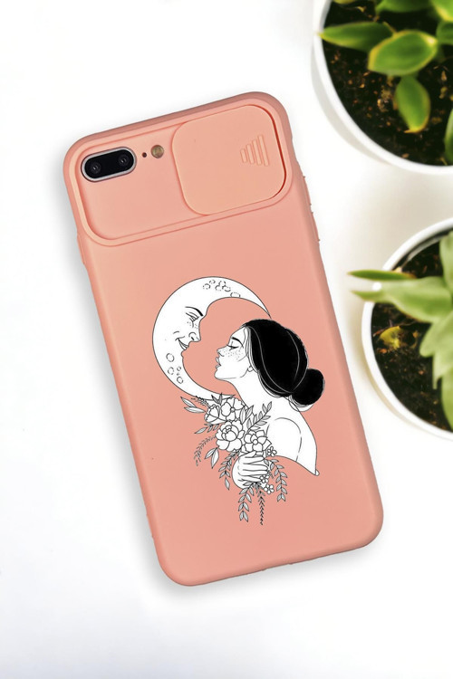 İphone 7 Plus Uyumlu Moon And Women Desenli Kamera Koruma Slider Kapaklı Silikonlu Telefon Kılıfı