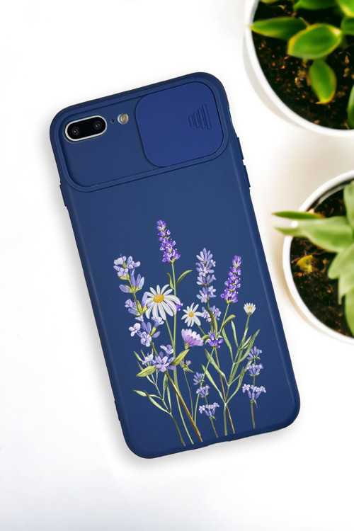 İphone 8 Plus Uyumlu Lavender Desenli Kamera Koruma Slider Kapaklı Silikonlu Telefon Kılıfı