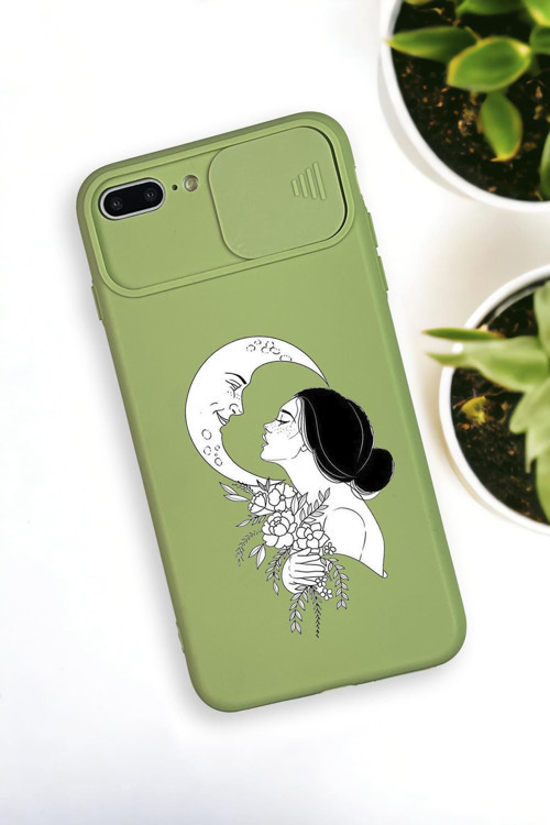 İphone 7 Plus Uyumlu Moon And Women Desenli Kamera Koruma Slider Kapaklı Silikonlu Telefon Kılıfı