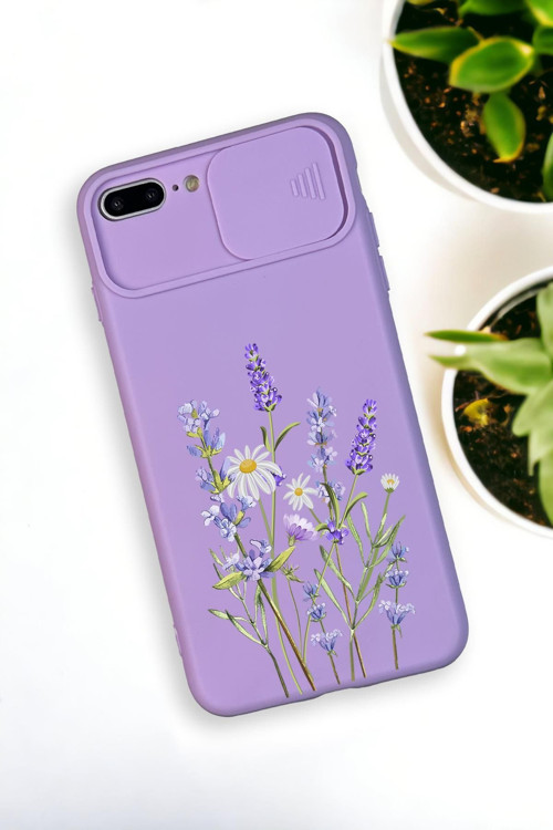 İphone 8 Plus Uyumlu Lavender Desenli Kamera Koruma Slider Kapaklı Silikonlu Telefon Kılıfı