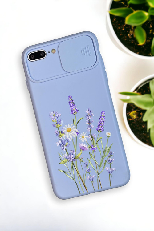 İphone 8 Plus Uyumlu Lavender Desenli Kamera Koruma Slider Kapaklı Silikonlu Telefon Kılıfı