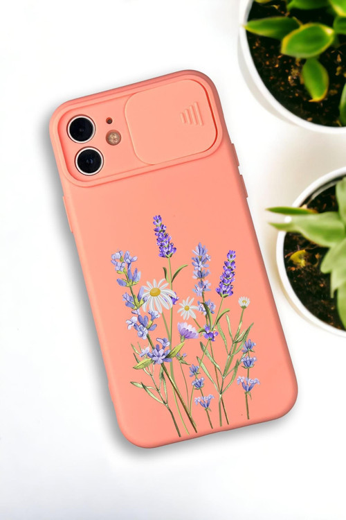 İphone 12 Uyumlu Lavender Desenli Kamera Koruma Slider Kapaklı Silikonlu Telefon Kılıfı
