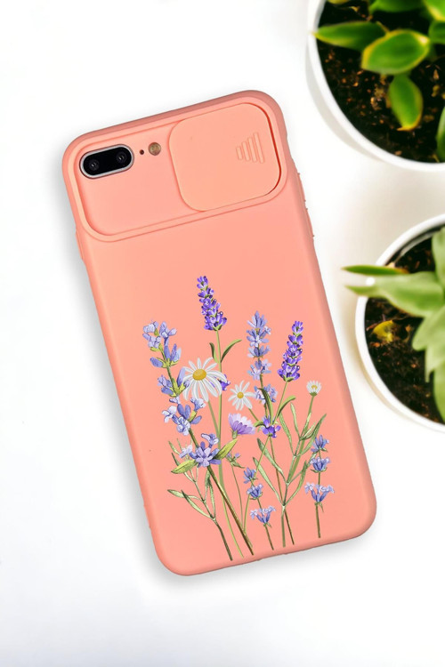 İphone 8 Plus Uyumlu Lavender Desenli Kamera Koruma Slider Kapaklı Silikonlu Telefon Kılıfı