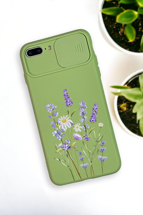 İphone 8 Plus Uyumlu Lavender Desenli Kamera Koruma Slider Kapaklı Silikonlu Telefon Kılıfı