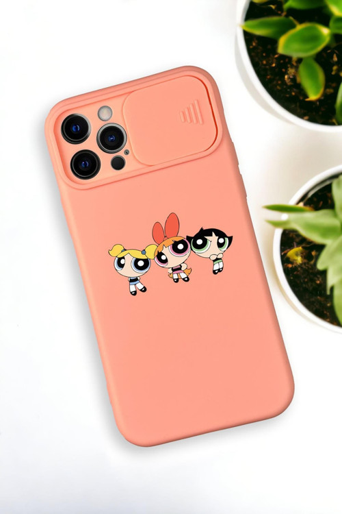 İphone 12 Pro Max Uyumlu Powerpuff Girls Desenli Kamera Koruma Slider Kapaklı Silikonlu Telefon Kılı