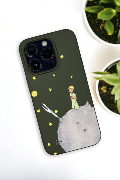 İphone 14 Pro Uyumlu Küçük Prens Desenli Premium Silikonlu Haki Lansman Telefon Kılıfı