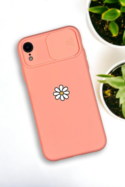 İphone Xr Uyumlu Papatya Desenli Kamera Koruma Slider Kapaklı Silikonlu Telefon Kılıfı