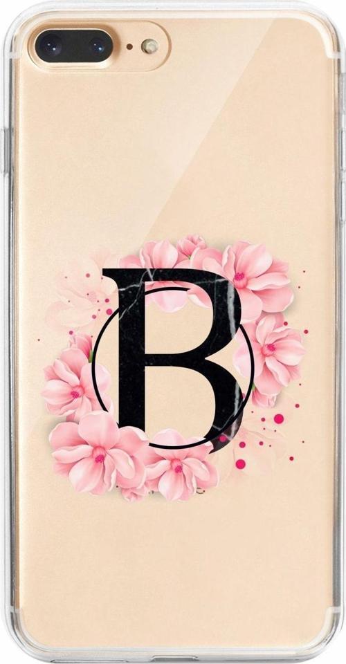 İphone 8 Plus Uyumlu Pembe Çiçek Desen B Harfli Şeffaf Kılıf
