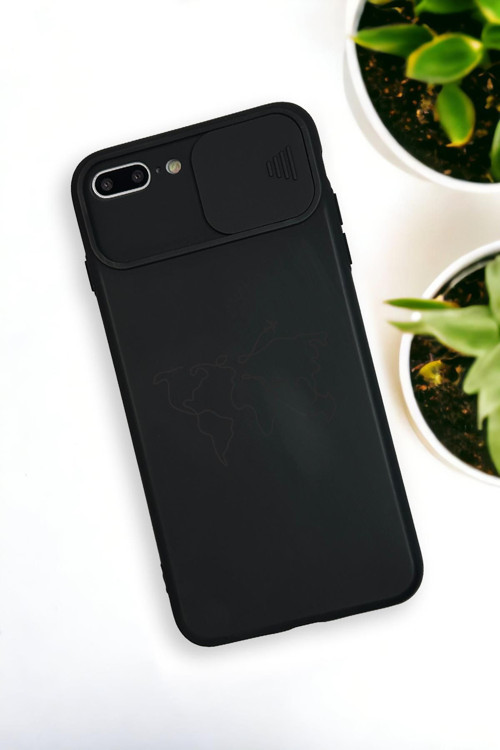 İphone 7 Plus Uyumlu Dünya Harita Desenli Kamera Koruma Slider Kapaklı Silikonlu Telefon Kılıfı