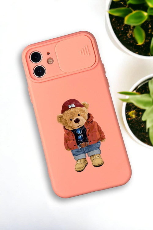 İphone 12 Uyumlu Teddy Bear Desenli Kamera Koruma Slider Kapaklı Silikonlu Telefon Kılıfı