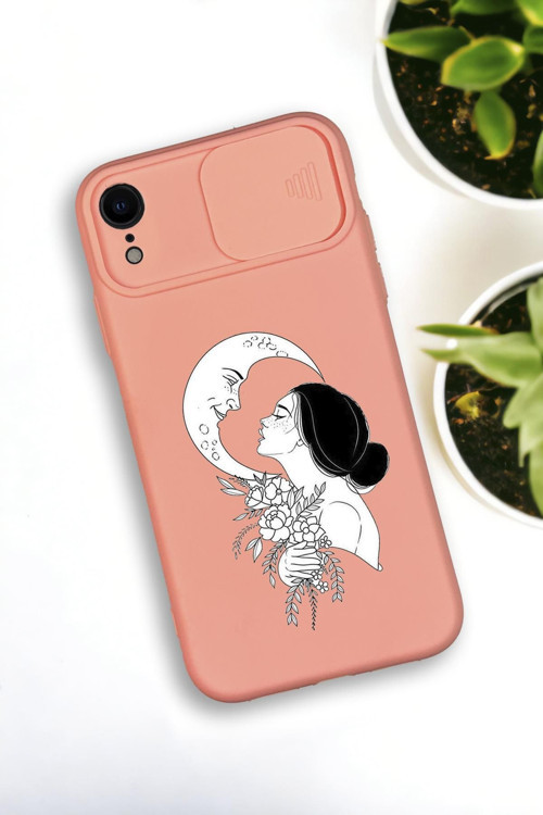 İphone Xr Uyumlu Moon And Women Desenli Kamera Koruma Slider Kapaklı Silikonlu Telefon Kılıfı