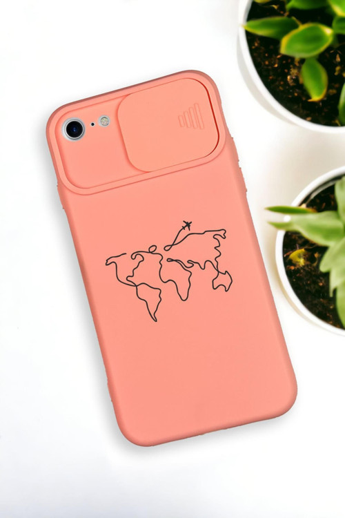 İphone 8 Uyumlu Dünya Harita Desenli Kamera Koruma Slider Kapaklı Silikonlu Telefon Kılıfı