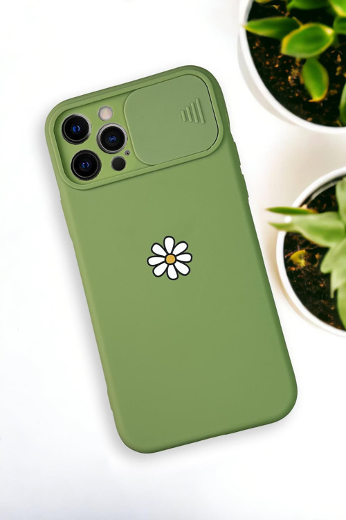 İphone 12 Pro Uyumlu Papatya Desenli Kamera Koruma Slider Kapaklı Silikonlu Telefon Kılıfı