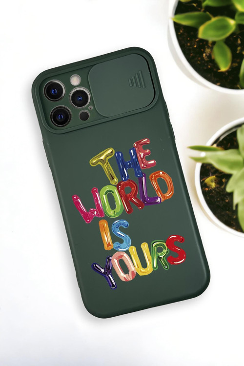 İphone 12 Pro Uyumlu The World Desenli Kamera Koruma Slider Kapaklı Silikonlu Telefon Kılıfı