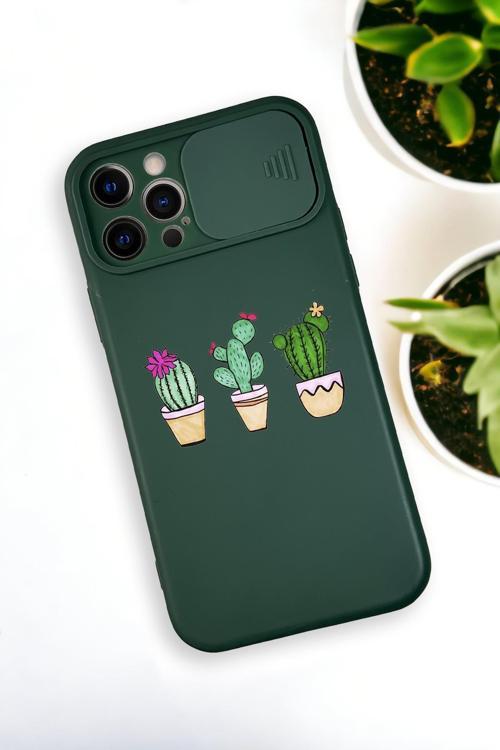 İphone 12 Pro Uyumlu Üçlü Kaktüs Desenli Kamera Koruma Slider Kapaklı Silikonlu Telefon Kılıfı
