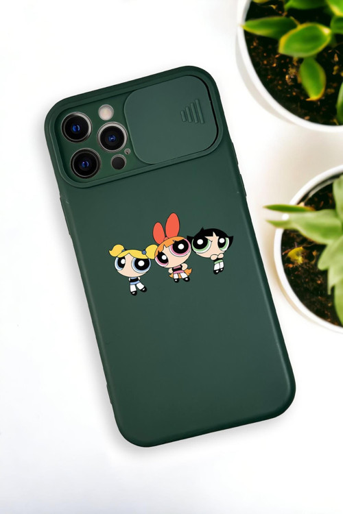 İphone 12 Pro Uyumlu Powerpuff Girls Desenli Kamera Koruma Slider Kapaklı Silikonlu Telefon Kılıfı