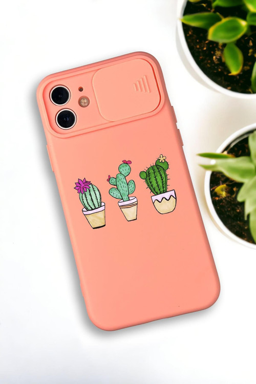 İphone 12 Uyumlu Üçlü Kaktüs Desenli Kamera Koruma Slider Kapaklı Silikonlu Telefon Kılıfı