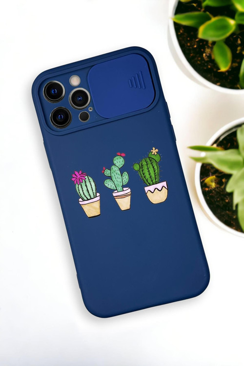 İphone 12 Pro Uyumlu Üçlü Kaktüs Desenli Kamera Koruma Slider Kapaklı Silikonlu Telefon Kılıfı