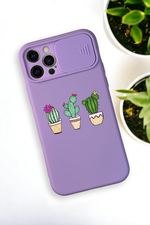 İphone 12 Pro Uyumlu Üçlü Kaktüs Desenli Kamera Koruma Slider Kapaklı Silikonlu Telefon Kılıfı