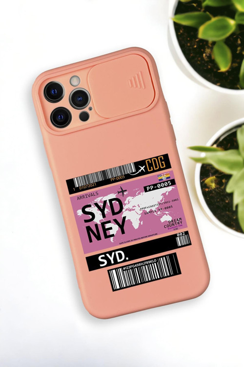 İphone 12 Pro Max Uyumlu Sydney Ticket Desenli Kamera Koruma Slider Kapaklı Silikonlu Telefon Kılıfı