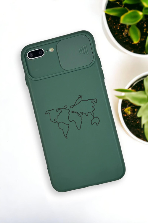 İphone 7 Plus Uyumlu Dünya Harita Desenli Kamera Koruma Slider Kapaklı Silikonlu Telefon Kılıfı