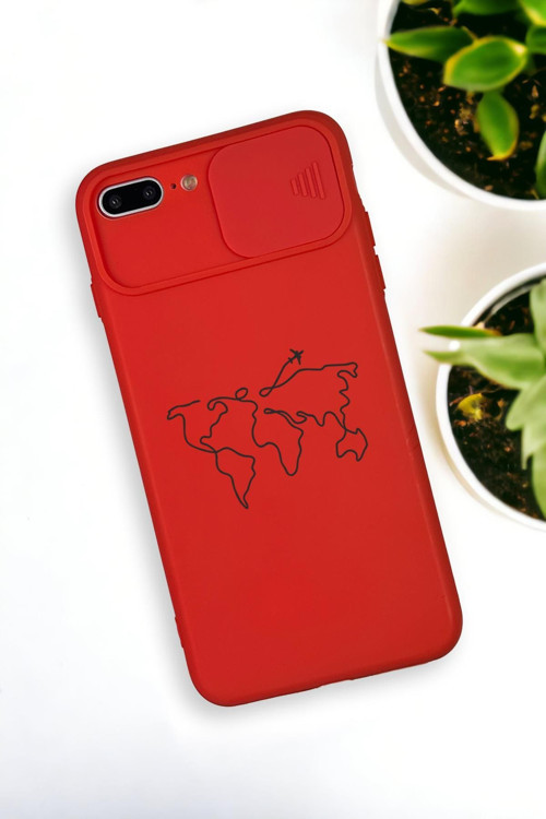 İphone 7 Plus Uyumlu Dünya Harita Desenli Kamera Koruma Slider Kapaklı Silikonlu Telefon Kılıfı