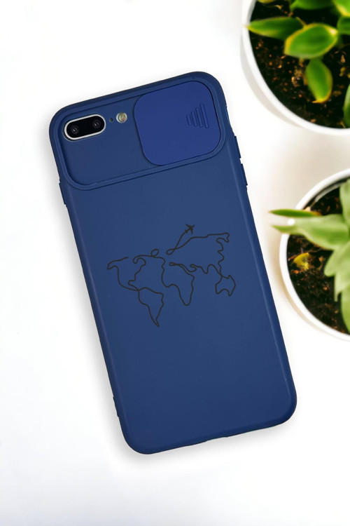 İphone 7 Plus Uyumlu Dünya Harita Desenli Kamera Koruma Slider Kapaklı Silikonlu Telefon Kılıfı