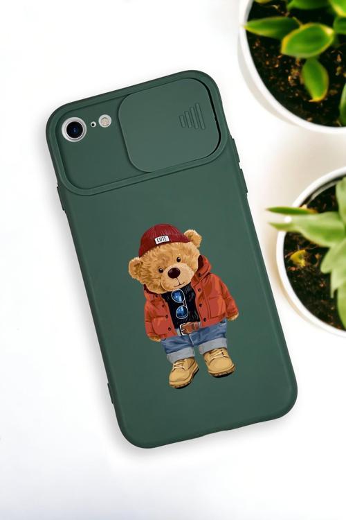 İphone 6 Uyumlu Teddy Bear Desenli Kamera Koruma Slider Kapaklı Silikonlu Telefon Kılıfı