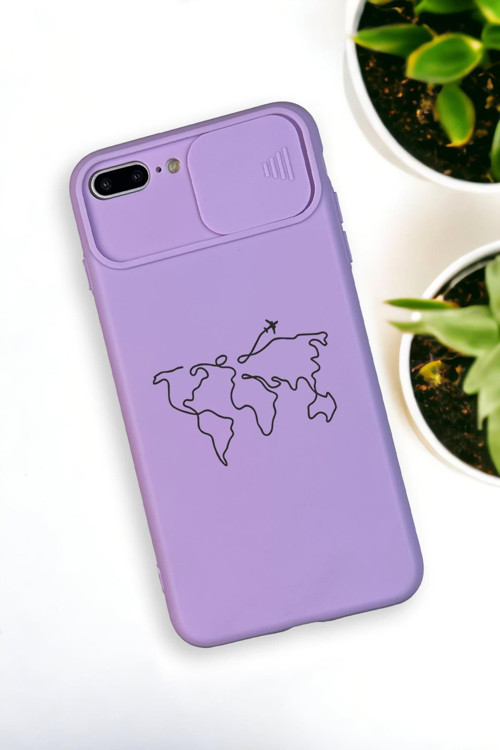 İphone 7 Plus Uyumlu Dünya Harita Desenli Kamera Koruma Slider Kapaklı Silikonlu Telefon Kılıfı