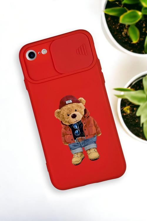 İphone 6 Uyumlu Teddy Bear Desenli Kamera Koruma Slider Kapaklı Silikonlu Telefon Kılıfı