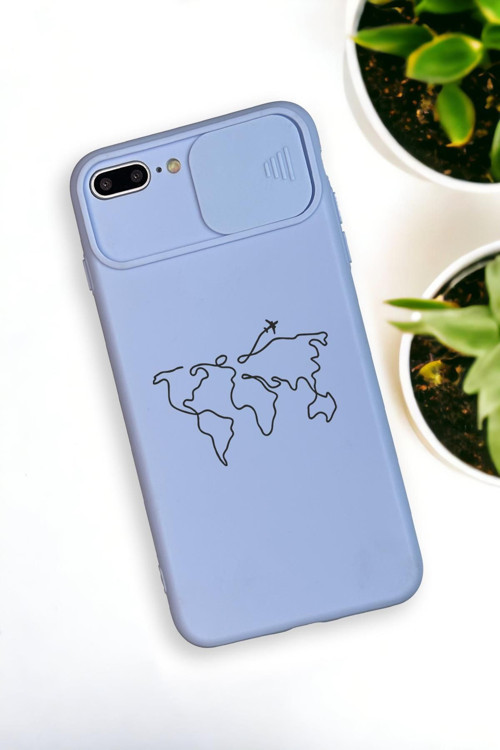 İphone 7 Plus Uyumlu Dünya Harita Desenli Kamera Koruma Slider Kapaklı Silikonlu Telefon Kılıfı