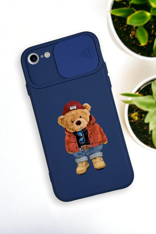 İphone 6 Uyumlu Teddy Bear Desenli Kamera Koruma Slider Kapaklı Silikonlu Telefon Kılıfı