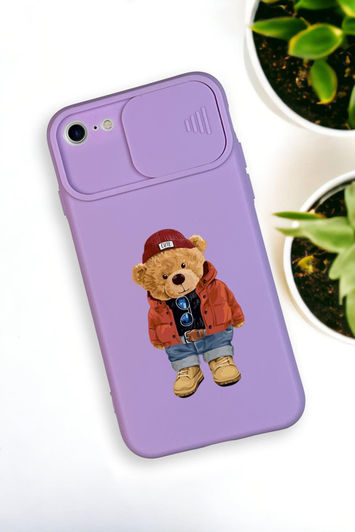İphone 6 Uyumlu Teddy Bear Desenli Kamera Koruma Slider Kapaklı Silikonlu Telefon Kılıfı