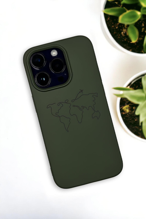 İphone 14 Pro Uyumlu Dünya Harita Rota Desenli Premium Silikonlu Haki Lansman Telefon Kılıfı