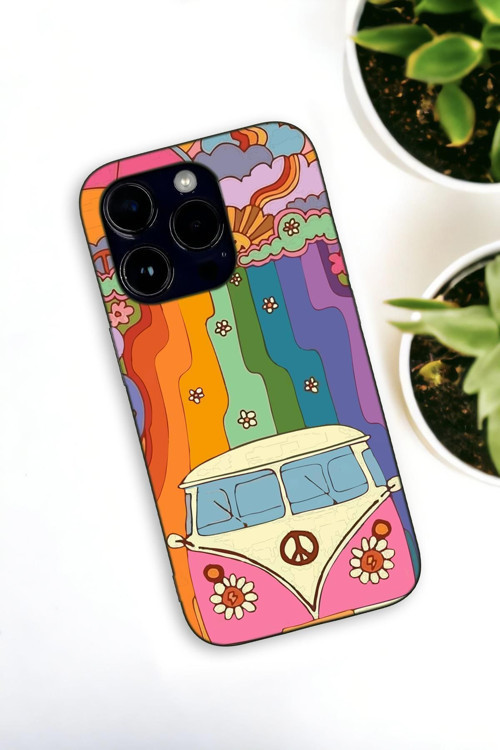 İphone 14 Pro Uyumlu Sevimli Karavan Desenli Premium Silikonlu Haki Lansman Telefon Kılıfı