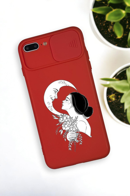 İphone 7 Plus Uyumlu Moon And Women Desenli Kamera Koruma Slider Kapaklı Silikonlu Telefon Kılıfı