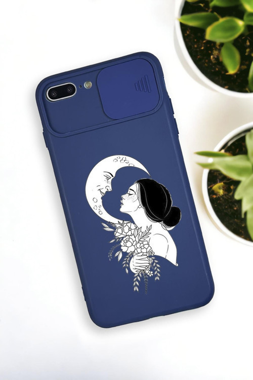 İphone 7 Plus Uyumlu Moon And Women Desenli Kamera Koruma Slider Kapaklı Silikonlu Telefon Kılıfı
